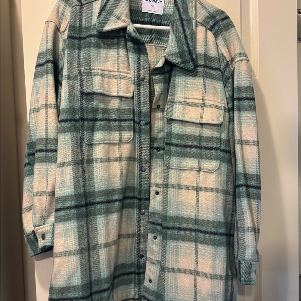 Old Navy Mint and Cream Plaid Button-Up Shacket